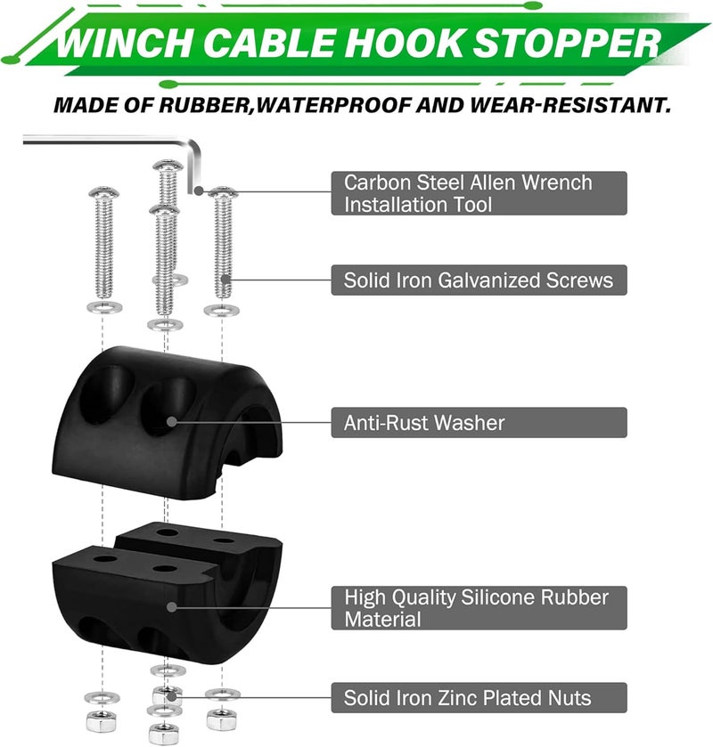 TYT Off-Road Winch Rope Kit - 3/16''x50', 8500 Lbs Green Synthetic Cable with Protective Sheath, Heavy-Duty Hook, Safety Pull Strap & Rubber Stopper Ideal for 4WD ATV UTV Vehicles, (JPS31650G) - Image 5